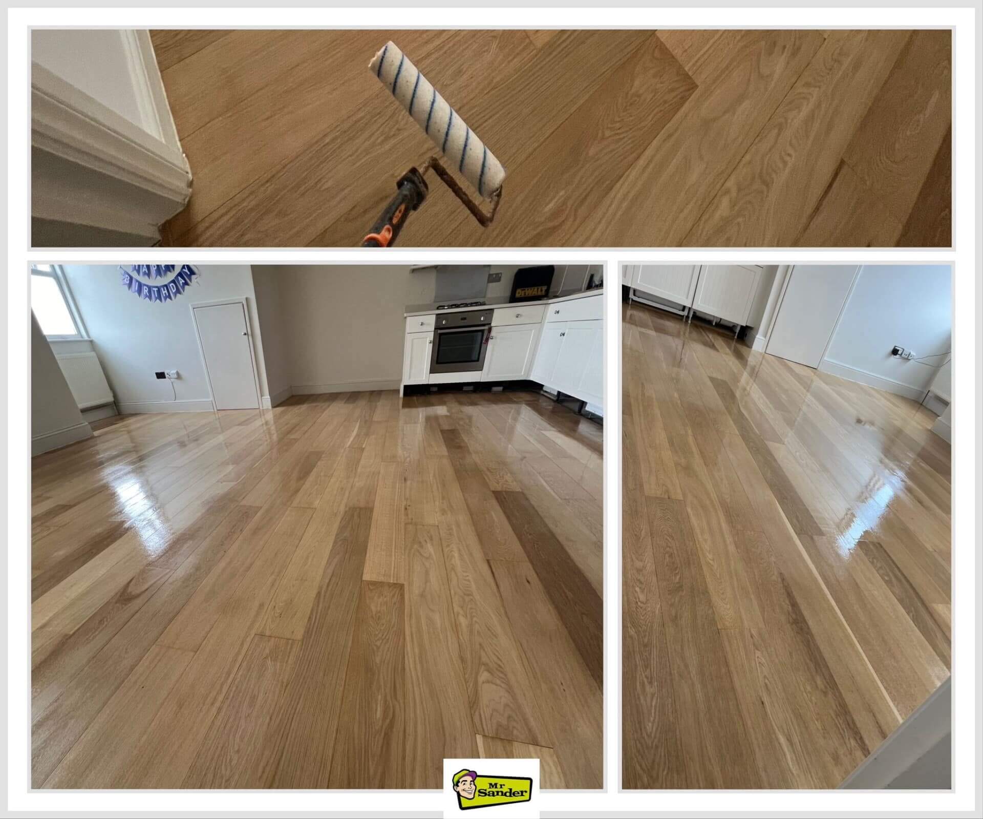 A collage showing the process of sanding and refinishing a wooden floor by Mr. Sander®. The top image features a close-up of a roller applying finish to the oak hardwood floor. The two bottom images showcase a newly refinished oak floor with a glossy surface, reflecting light. The room includes a modern kitchen with white cabinetry and stainless steel appliances. The floor has wide oak planks with a natural finish, providing a clean and bright appearance.
