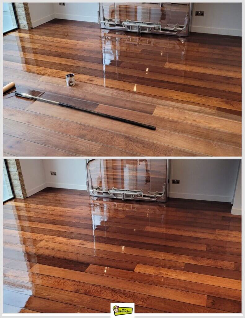 Before and after image of wooden floorboards being refinished in a modern room. The top image shows a partially applied finish with a roller and can of finish on the floor. The bottom image displays the completed result, with the floorboards gleaming under a polished, reflective surface. The floor sanding and refinishing were done by Mr Sander®.