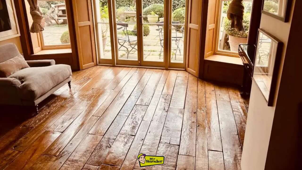 A cozy living room with large wooden floorboards, polished to a warm finish, reflecting natural light from French doors leading to a garden.
