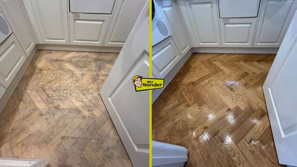 Split-view photo showing a dull, scuffed herringbone floor on the left and the same floor fully sanded and varnished to a warm, glossy finish on the right.