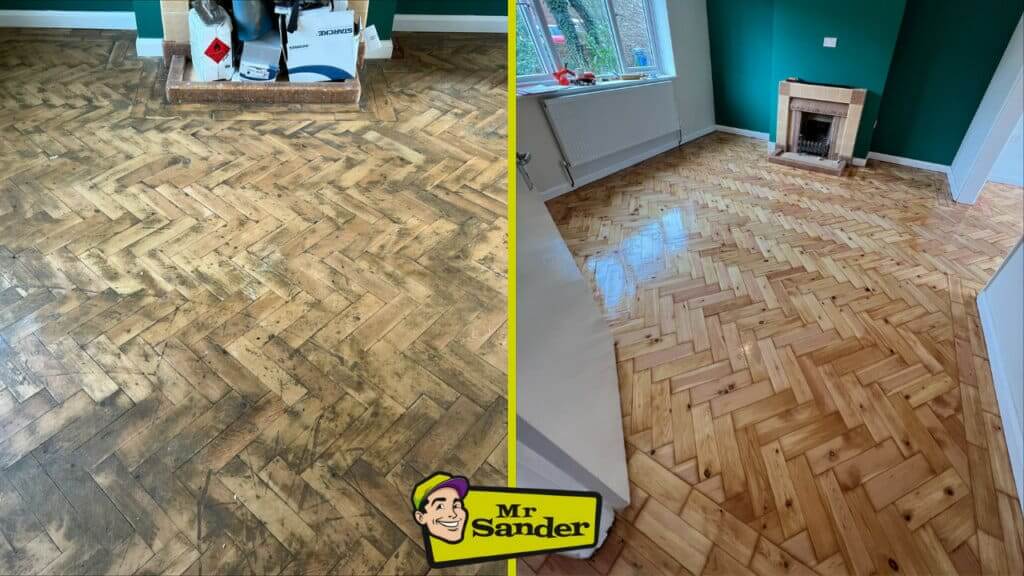 A comparison image showing a herringbone-patterned wooden floor before and after sanding and refinishing. The left side displays a worn, stained, and dull floor, while the right side shows the same floor fully restored with a clean, bright, and glossy finish. The room features a green wall and a fireplace.