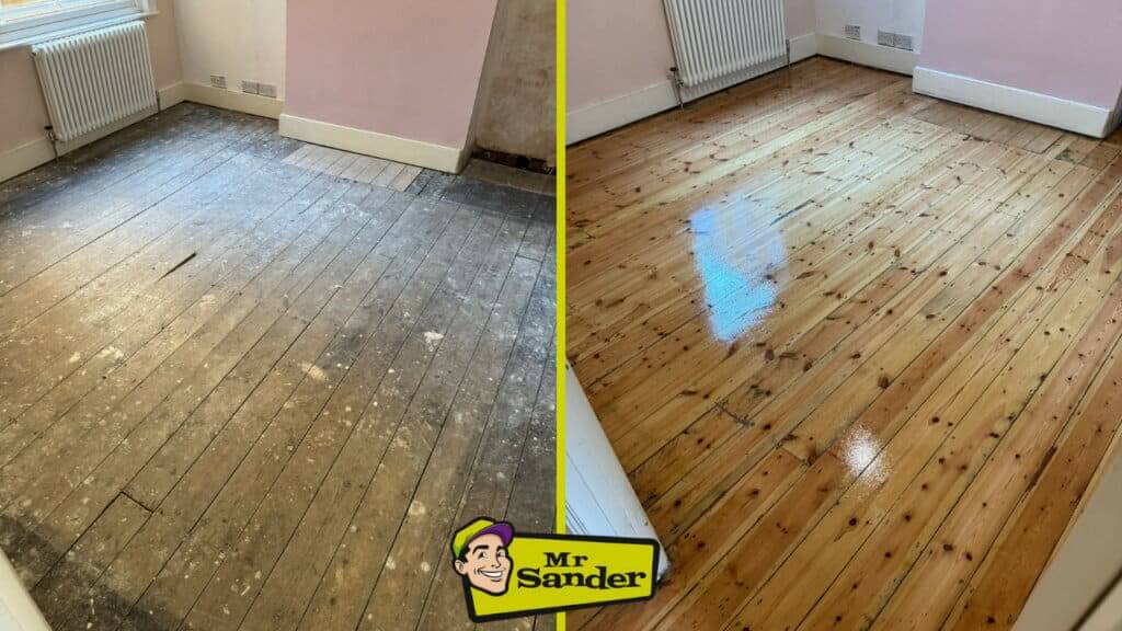 A before-and-after image of a wooden floor restoration in a room. The left side shows a dull, worn-out floor with visible dust and patches, while the right side displays the same floor after restoration, showcasing a polished and shiny finish. The walls are painted light pink, and there's a white radiator against one wall.