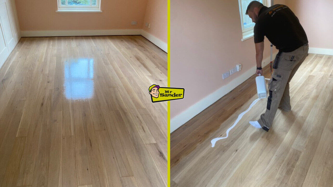 Side-by-side images of a wooden floor undergoing “Wood Floor Finishing with Bona White”—the left shows a glossy, newly coated surface, and the right captures a contractor pouring the Bona White primer onto the floor.