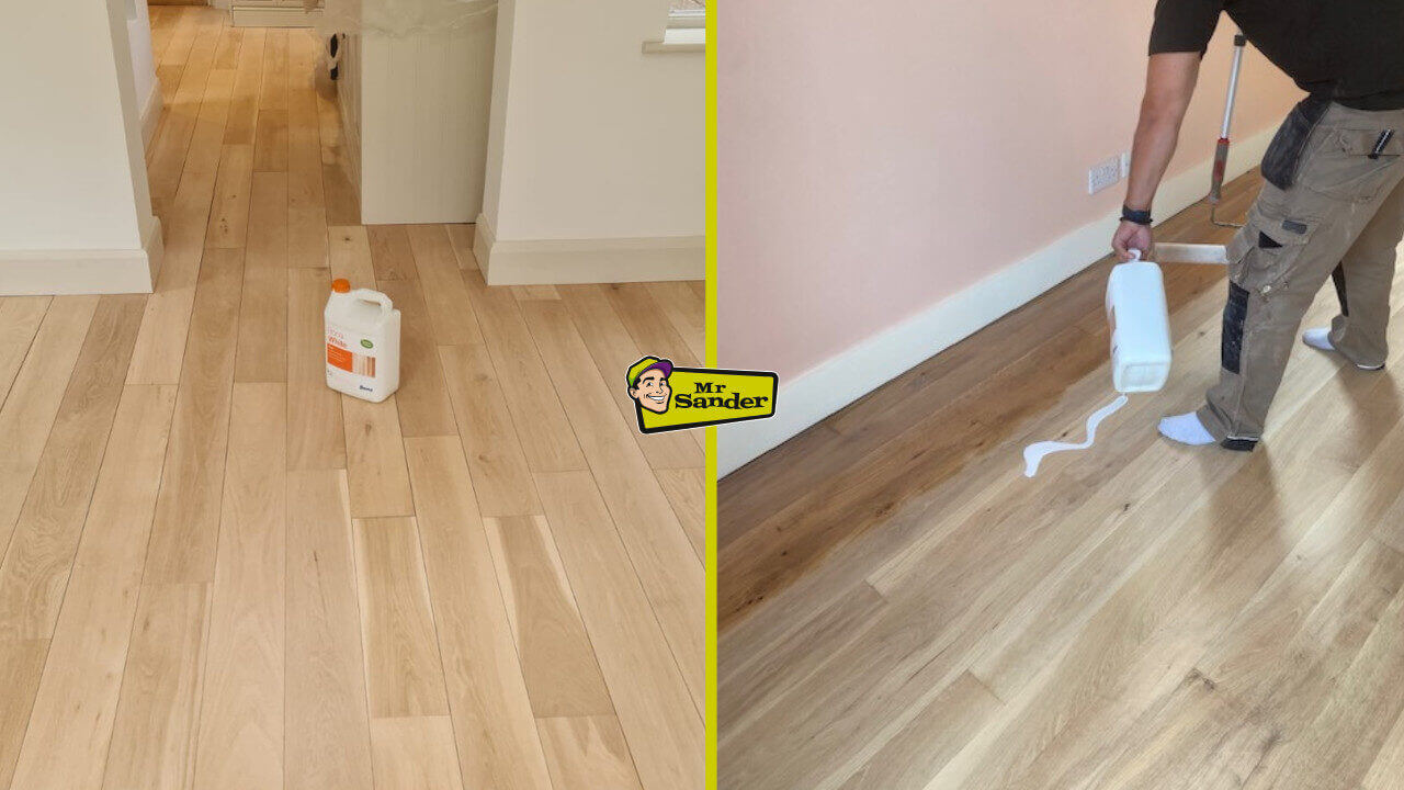Side-by-side images showing the process of wood floor finishing with Bona White, where a contractor applies the product to sanded wooden boards, illustrating a before-and-after transformation.