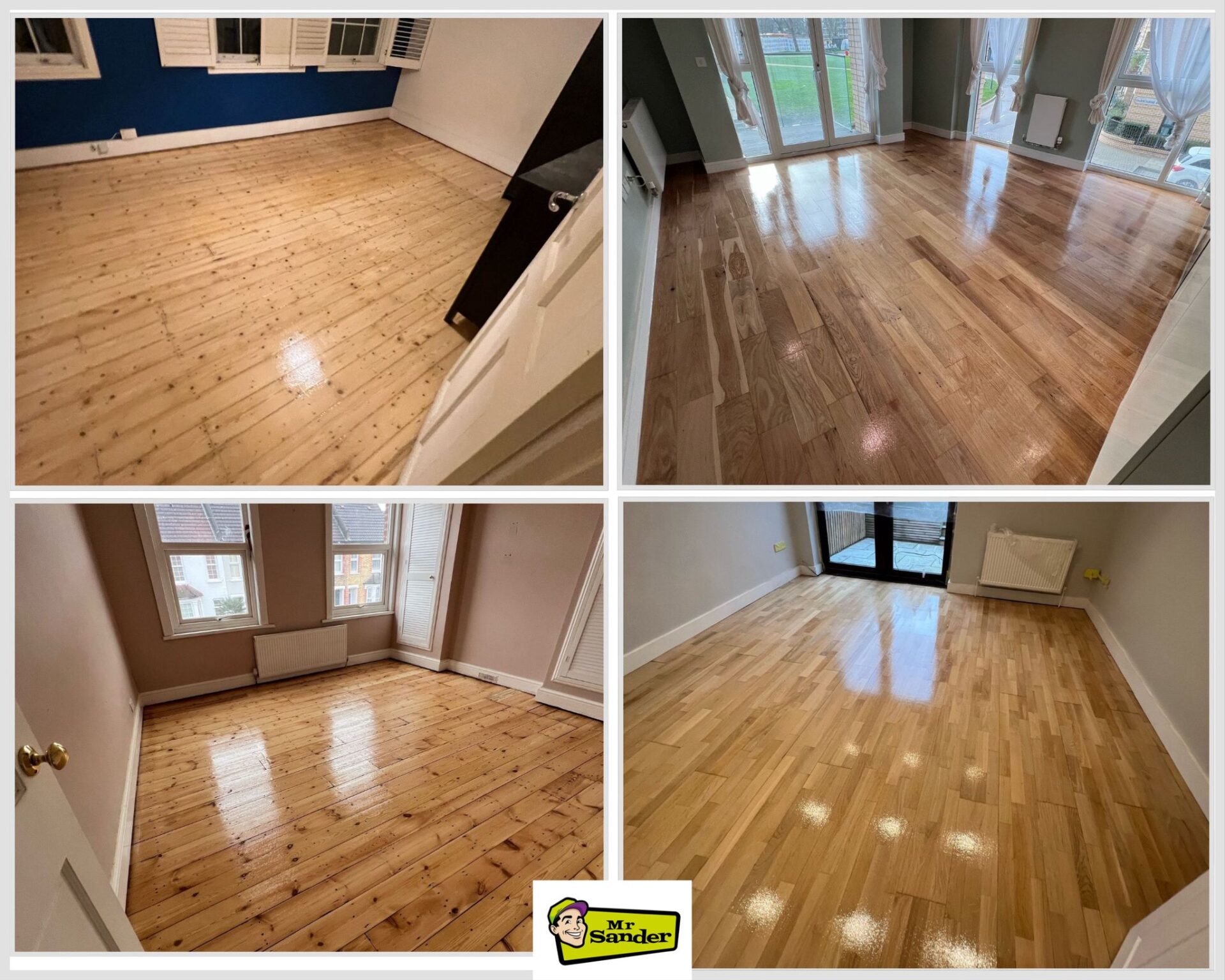 A collage of four rooms with newly sanded and polished wooden floors, demonstrating the versatility and shine achieved through Floor Sanding in Modern Homes by Mr Sander®.