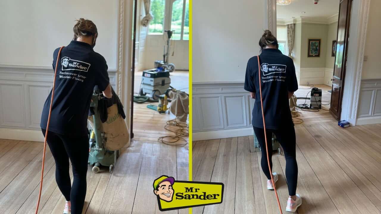 A Girl from Mr Sander® is sanding an oak floor in a living room in Harrow on the Newham, using the Lagler HUMMEL. The HUMMEL features a powerful LED lighting system, high powered aggressive sanding, and extremely low dust emissions. It has a single-phase AC motor with 230 V / 50 CPS / 2.2 kW & thermal overload protection, a sanding drum width of 200 mm, drum speed of 2400 rpm, sanding belt dimensions of 200 x 750 mm, and a machine weight of 79 kg.
