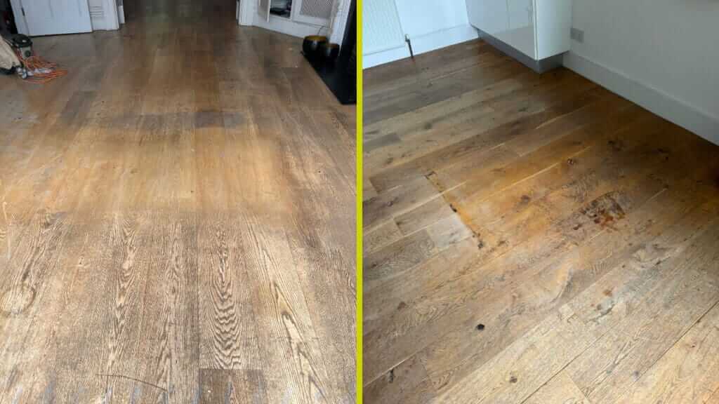 Two images showing worn, discolored wooden floors in need of refinishing. The left image features a long hallway with visible wear and tear, while the right image shows a corner of a room with similar floor damage, highlighting the need for professional refinishing.