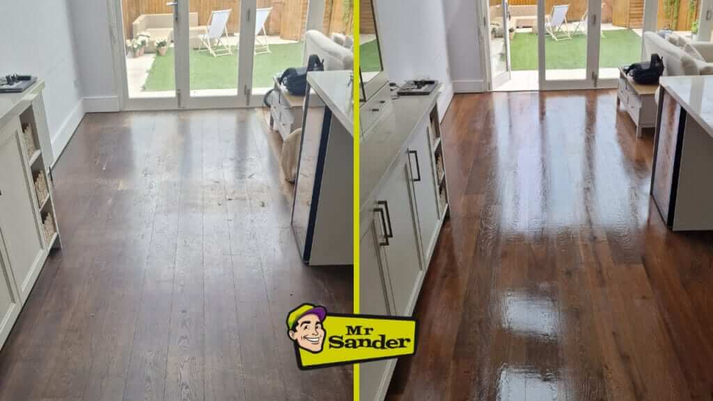 A side-by-side comparison showing a dark hardwood floor before and after refinishing by Mr. Sander®. The left side displays a worn, scratched surface, while the right side shows the same floor restored to a glossy, smooth finish. The room opens up to a patio with large windows, filling the space with natural light.
