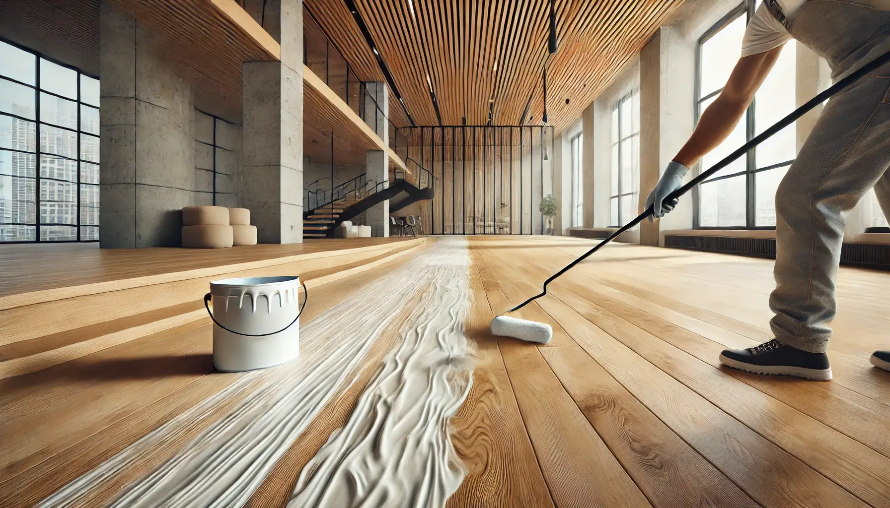 A person wearing gloves uses a roller to apply a thick, milky liquid onto an expansive hardwood floor in a contemporary loft setting.