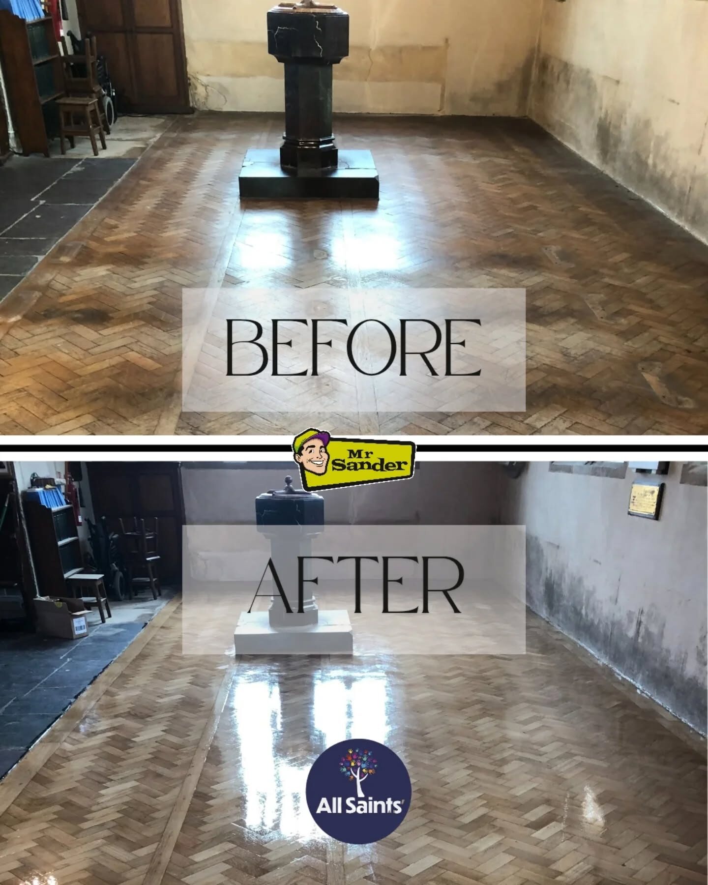 All Saints’ church herringbone parquet floor sanding before and after — worn blocks restored to a smooth, glossy finish around the stone font.