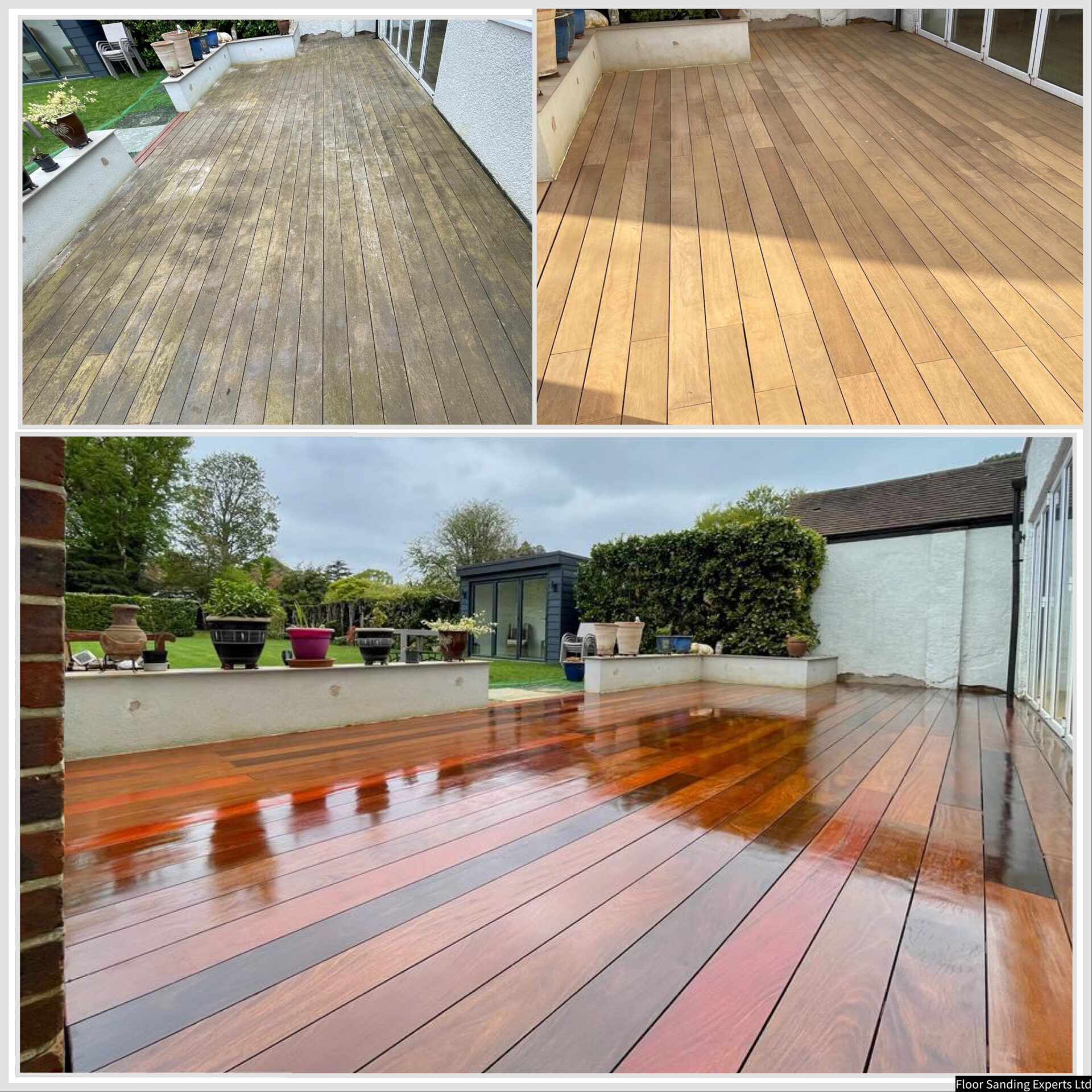 Anger at Aging Decks: before-and-after of exterior hardwood timber decking restoration—weathered grey boards sanded smooth and finished with rich oiled sheen.
