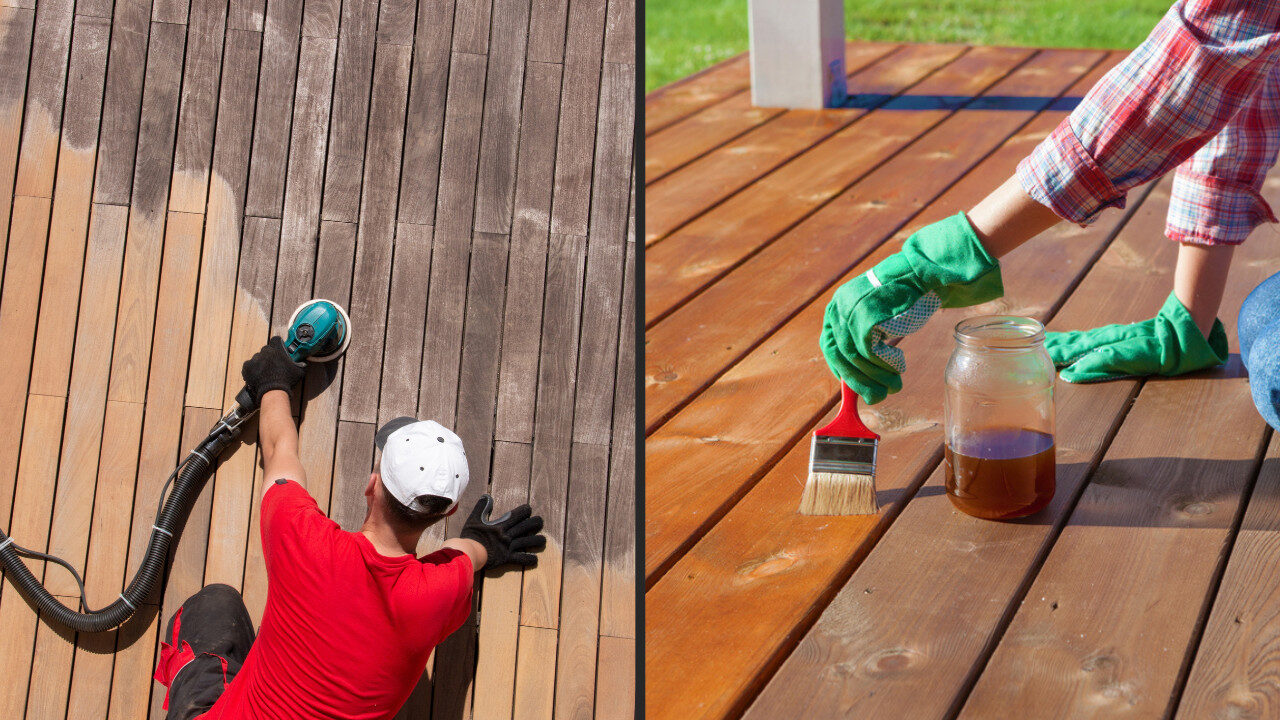 Anger at Aging Decks: side-by-side process showing hardwood timber decking restoration—sanding away weathered grey boards and applying protective oil finish.