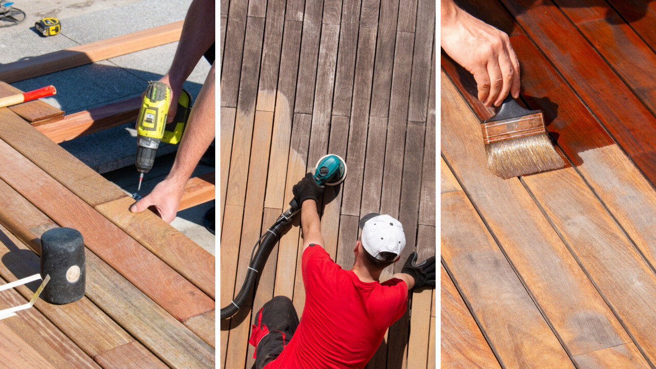 Anger at Aging Decks: three-stage restoration of hardwood timber decking—board repair with drill, sanding weathered planks, and applying protective oil finish. 