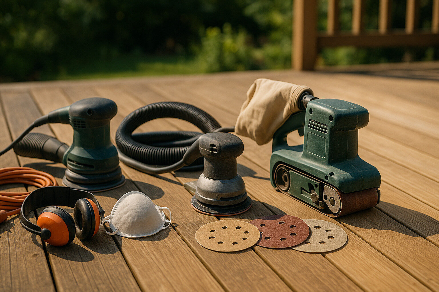 Anger at Aging Decks: sanding tools, protective gear, and abrasive discs laid out on hardwood timber decking ready for restoration.