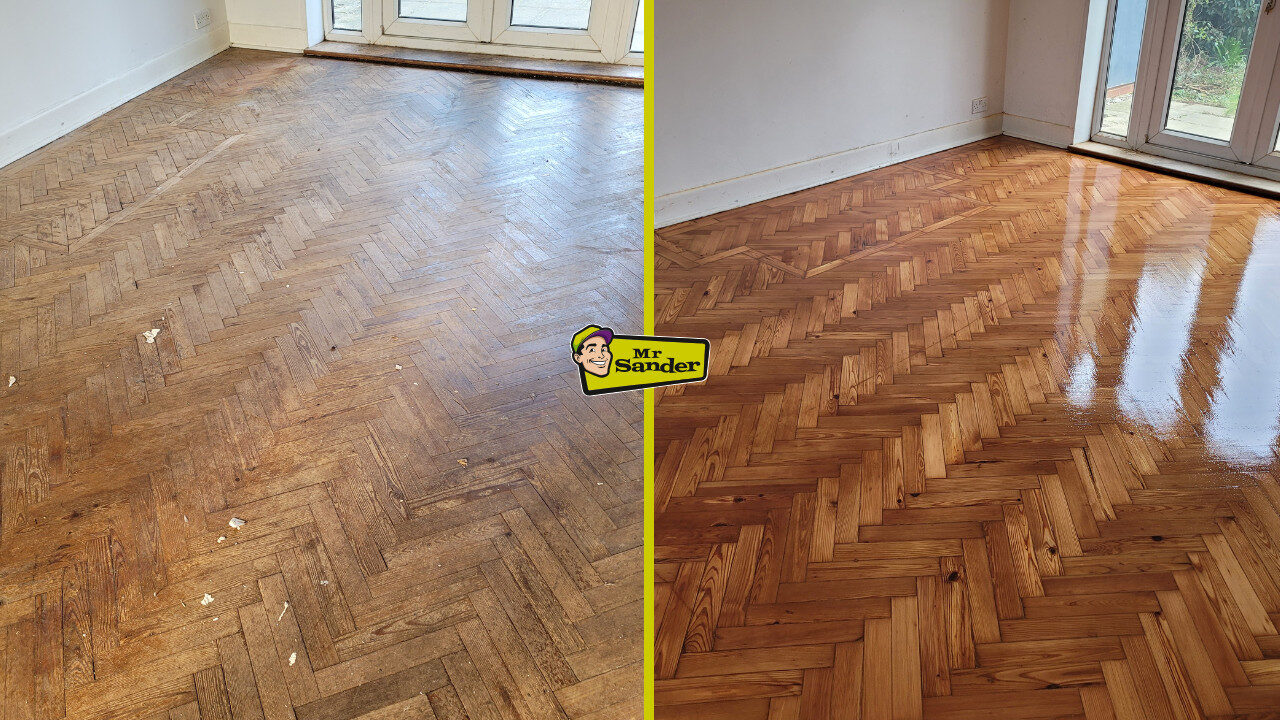Before-and-after of beautifully restored parquet floors: herringbone parquet wood block near patio doors, worn and dull before; rich, glossy finish after sanding, gap filling and clear lacquer.