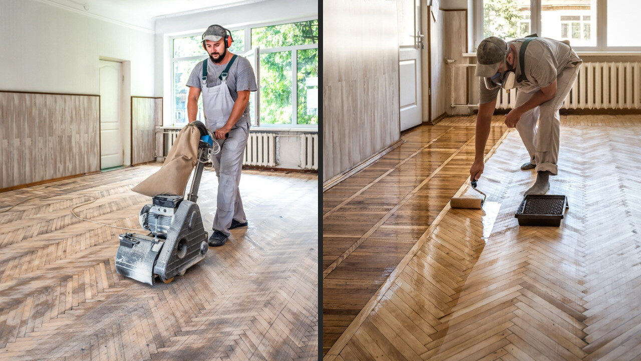 Two-panel restoration scene showing beautifully restored parquet floors: left, a technician sands a herringbone parquet wood block floor with a drum sander; right, another technician rolls on clear lacquer along the border inlay, revealing a smooth satin sheen.