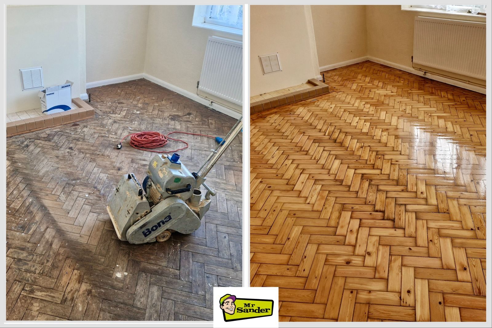 Before-and-after of beautifully restored parquet floors: herringbone parquet wood block (solid hardwood) sanded, gap filled and sealed with clear lacquer to a smooth sheen.
