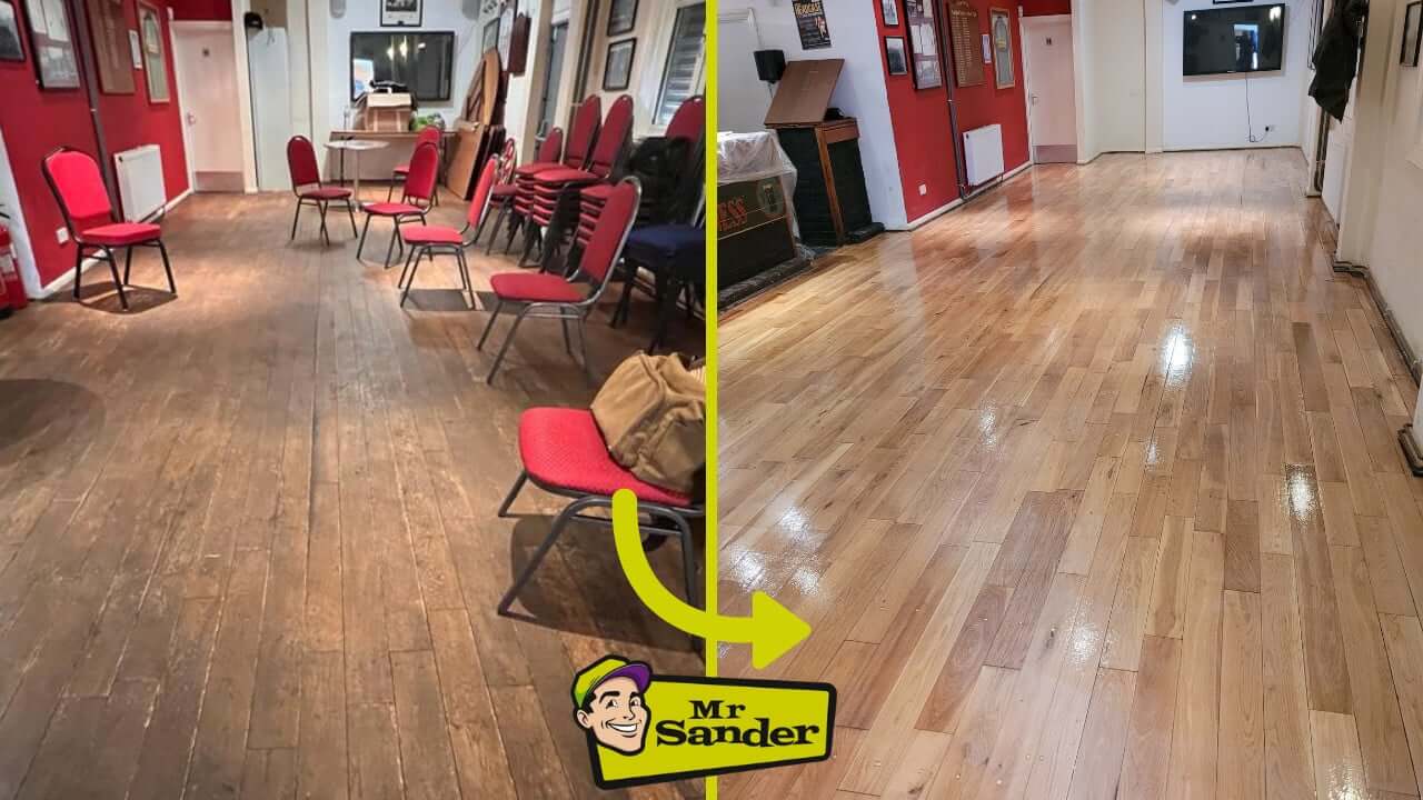 A before-and-after comparison of a wood floor restoration in a community hall. The left side shows the floor before sanding and refinishing, with visible wear and tear. The right side shows the floor after restoration, with a smooth, glossy finish. The image features the Mr. Sander logo.