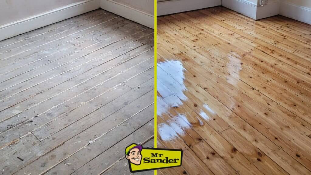 A before-and-after comparison of a pine wood floor restoration. The left side shows the floor before sanding and refinishing, with visible scratches and a dull finish. The right side shows the floor after restoration, with a smooth, glossy surface and a restored natural color. The image features the Mr. Sander logo in the lower right corner.