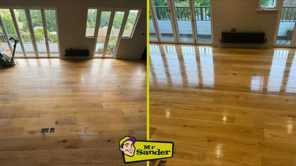 A before-and-after comparison of a wood floor restoration. The left side shows the floor being sanded, with a sanding machine visible. The right side shows the completed floor, with a smooth, glossy finish and a restored natural color. The image features the Mr. Sander logo in the lower right corner.