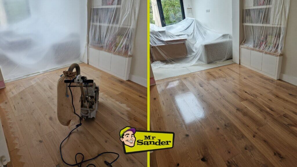 A before-and-after comparison of a solid wood floor in, UK, showcasing the results of sanding and refinishing done by Mr Sander®. The left side shows the floor during the sanding process, with a machine in use and visible wear and tear on the wood. The right side displays the finished floor, which has a polished, glossy surface, highlighting the natural grain and beauty of the wood after restoration.