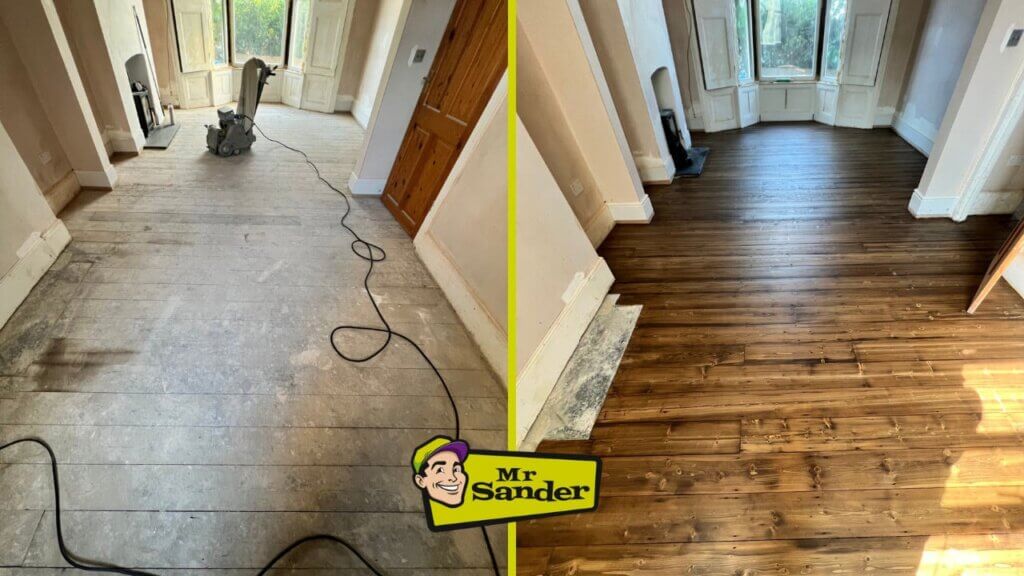 A before-and-after comparison of a wood floor restoration. The left side shows the floor being sanded, with a sanding machine visible. The right side shows the completed floor, with a smooth, glossy finish and a restored natural color. The image features the Mr. Sander logo in the lower right corner.