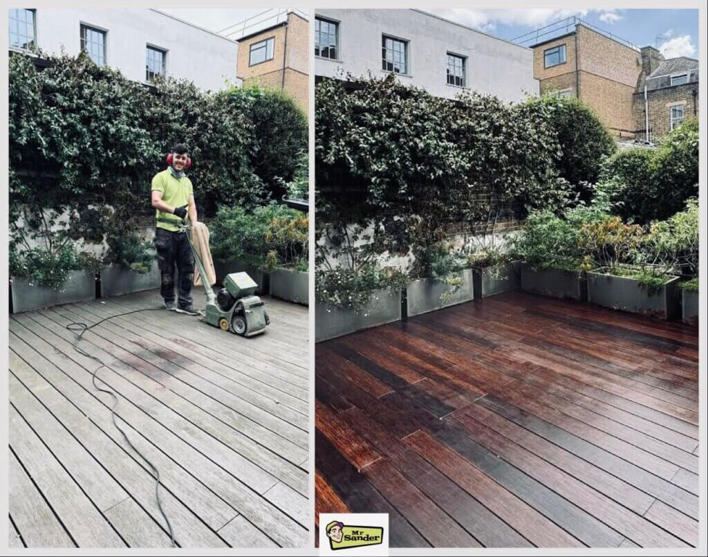 A before-and-after comparison of deck sanding in Doune (FK16) by Mr Sander®️, revealing a newly revitalised outdoor area.