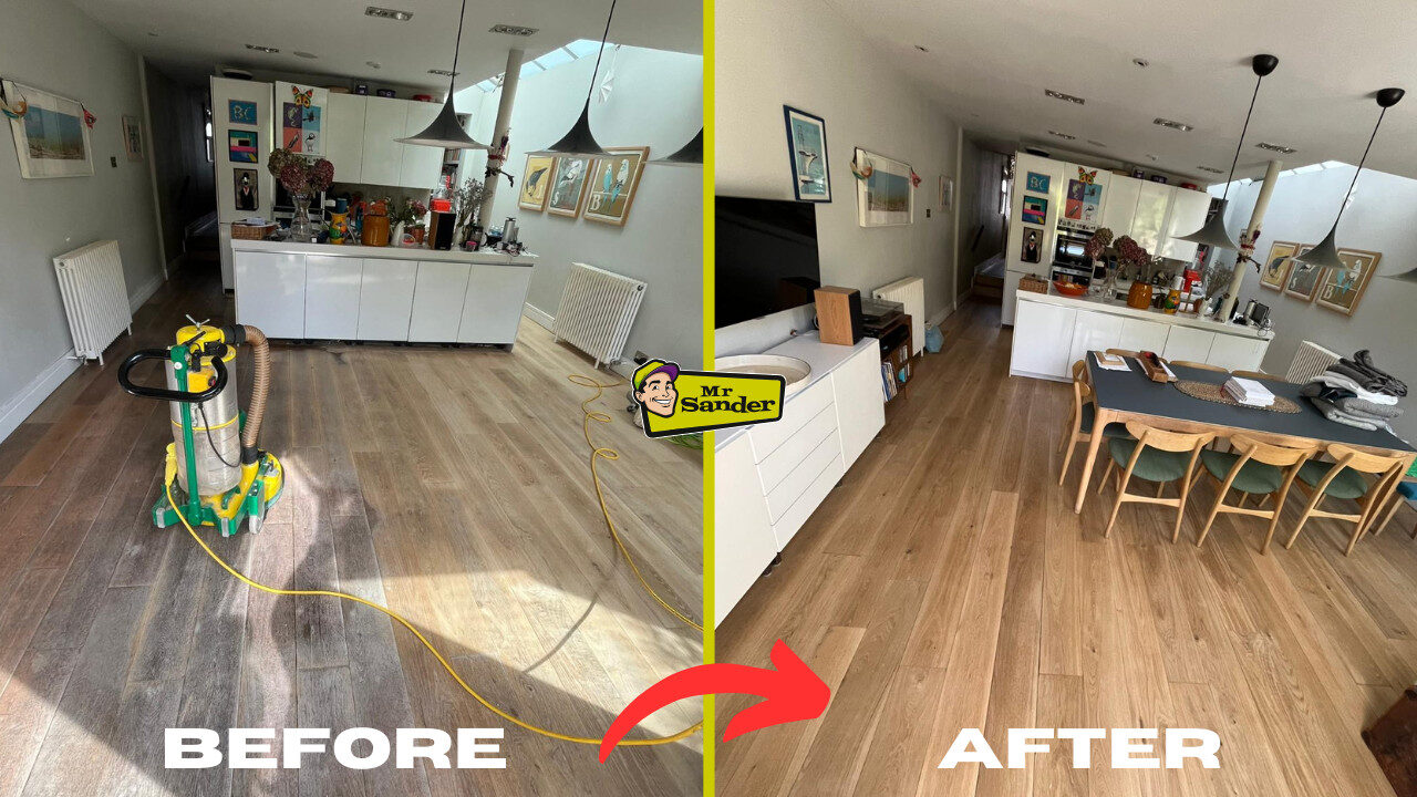 Floor Sanding in Urban Apartments — before-and-after comparison showing dull grey oak versus freshly restored honey-oak finish in a contemporary city kitchen.