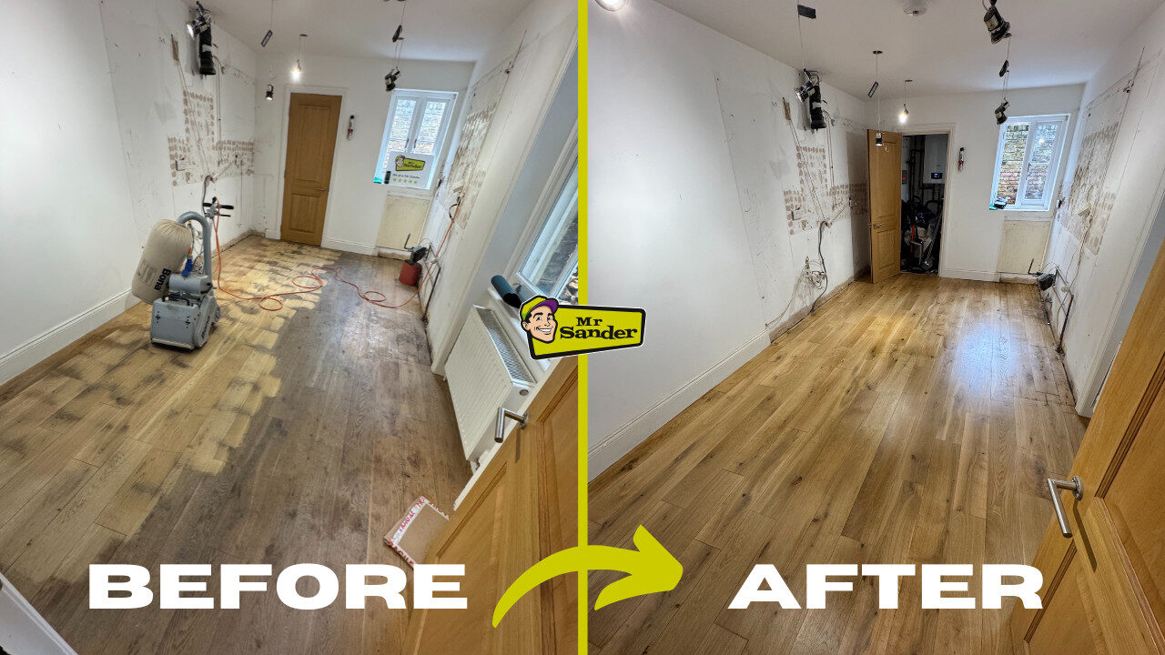 A before-and-after comparison of a room undergoing floor sanding. The left side shows a wooden floor being sanded with a machine, while the right side displays the same room with a smooth, polished wooden floor. The walls are under renovation, and a "Mr. Sander" logo is visible in the center, with "Before" and "After" labels at the bottom. - Floor Sanding for Allergy Sufferers