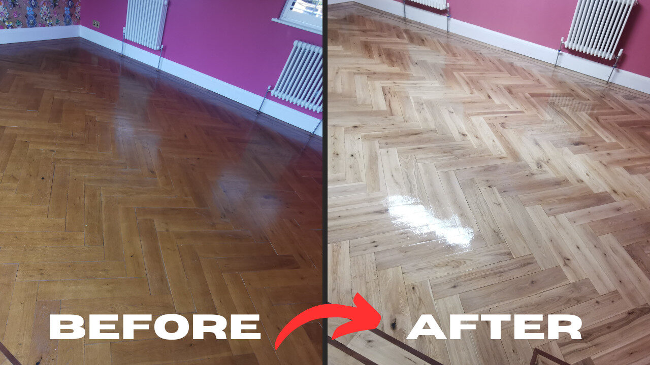 Split-screen before-and-after of a herringbone parquet floor in Clapham, showing the dramatic change from a dark, worn surface to a pale, freshly restored finish following professional Floor Sanding and Borders by Mr Sander®