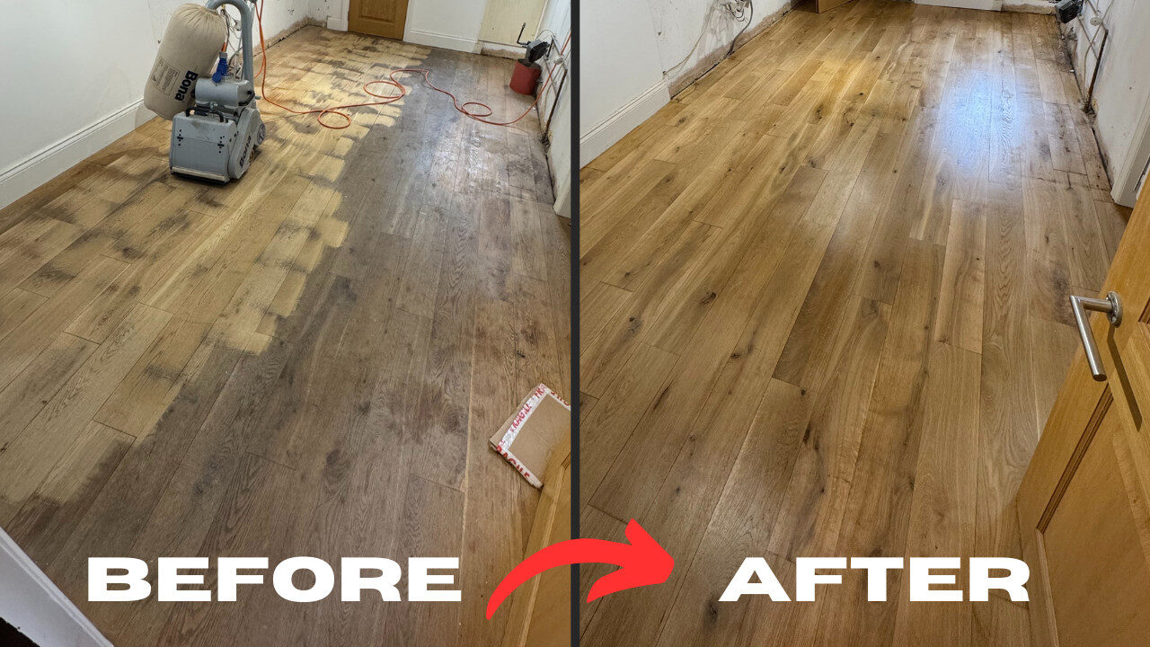 Split-screen image showing an oak plank floor mid-sanding on the left and fully restored, pet-stain-free on the right, highlighting the Restore Pet-Stained Floors process.