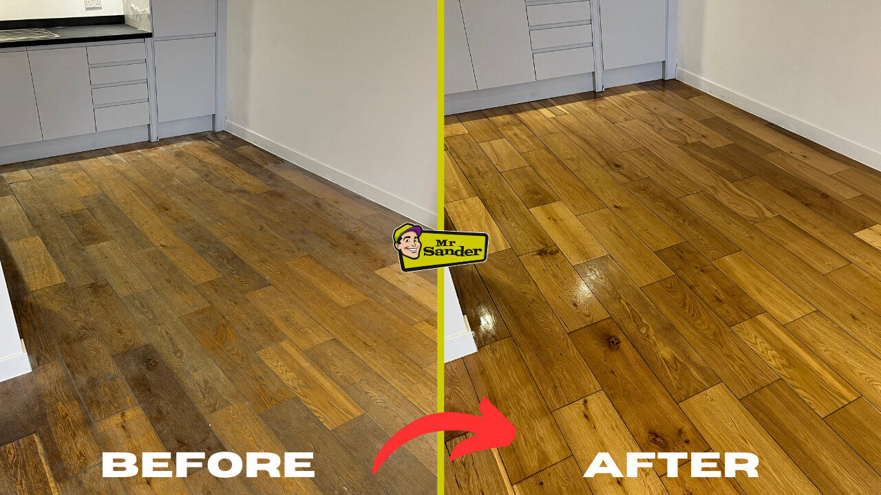 Before-and-after split screen of an oak kitchen floor following Floor Sanding in Urban Apartments.