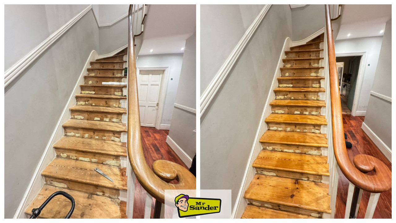 A side-by-side comparison showing a wooden staircase before and during the staircase sanding process, featuring solid Heart Pine treads and a curved banister.
