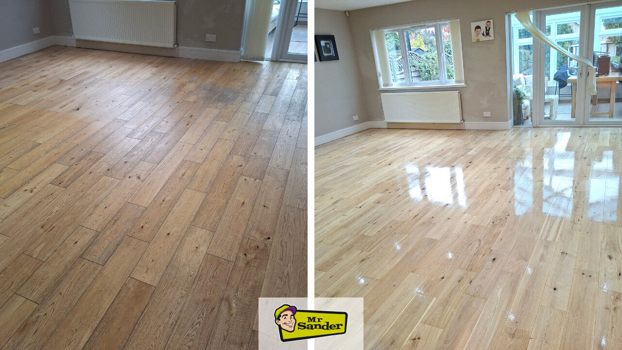 Side-by-side comparison of a residential wooden floor before and after sanding and polishing, showing how the right screen grit restores the natural beauty and shine.