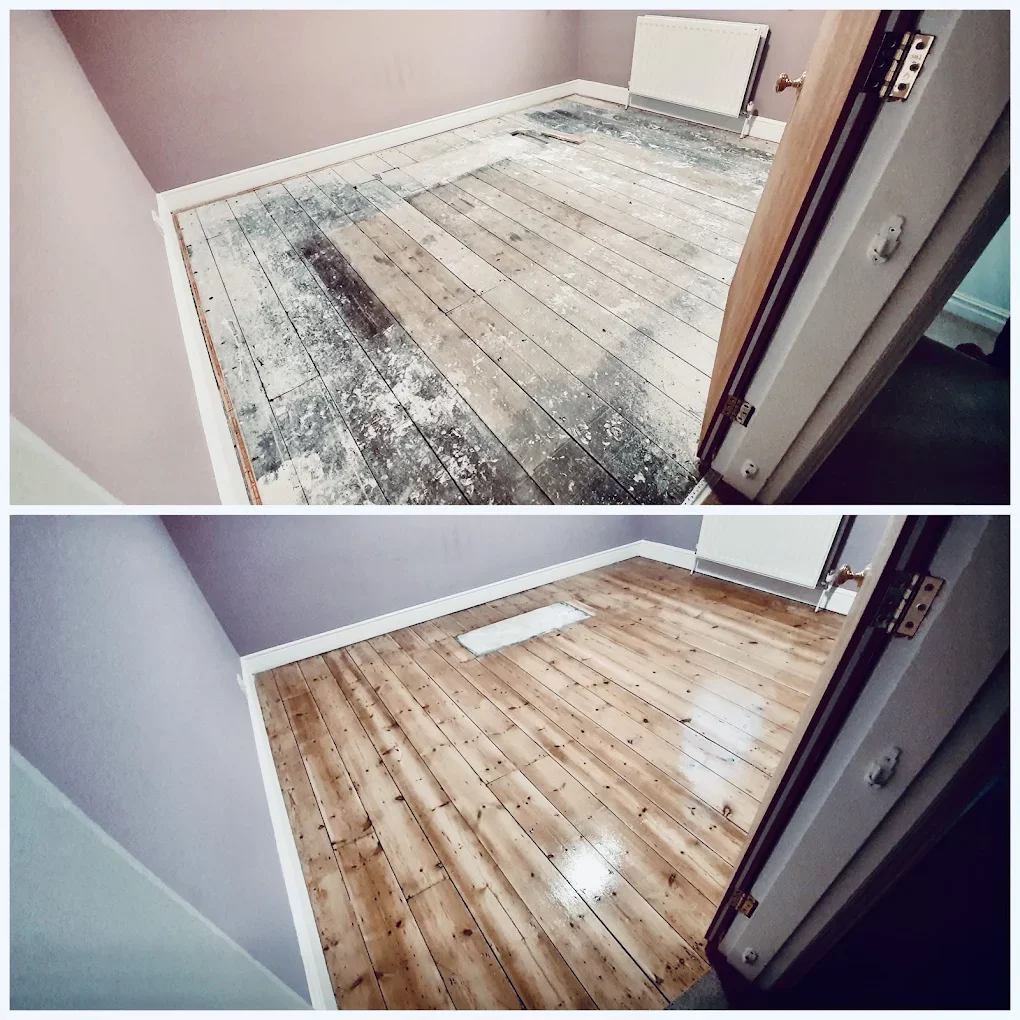 Bedroom pine boards taken from dusty and paint-splashed to clean, honeyed timber—Before and After Floor Transformations.
