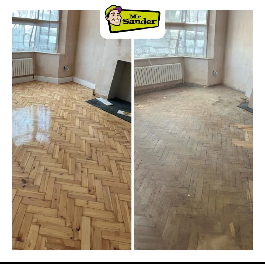Herringbone parquet revived from dull grey to warm natural tone after dust-free sanding—Before and After Floor Transformations.