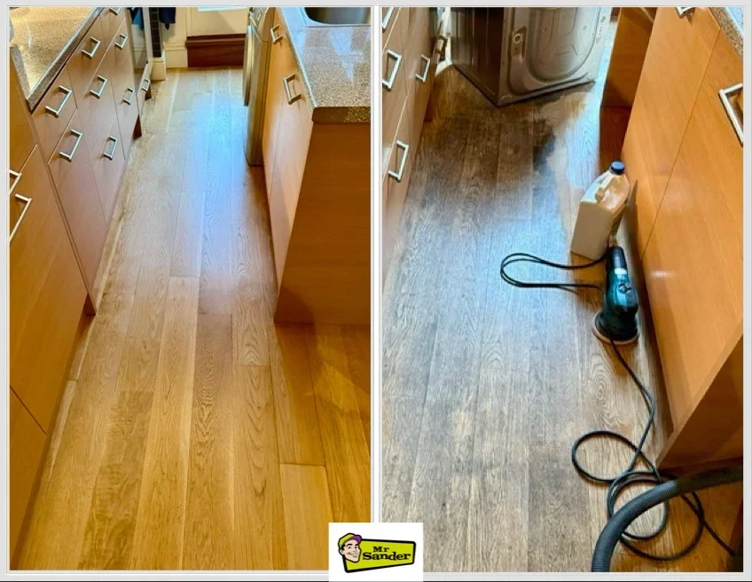 Busy kitchen oak floor deep-cleaned, lightly sanded and re-oiled for richer tone—Before and After Floor Transformations.