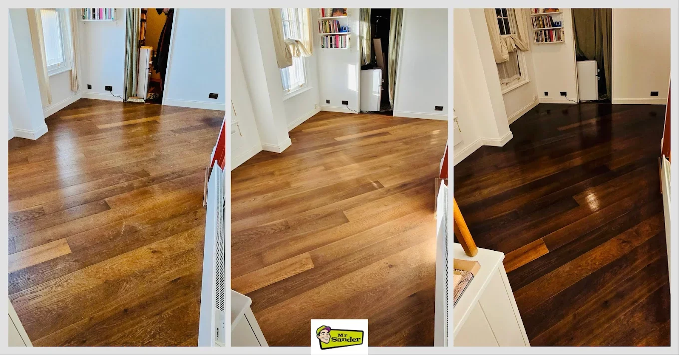 Three-panel living room showing hardwood floor before sanding, after sanding, and after dark stain and lacquer—clear Before and After Floor Transformations.
