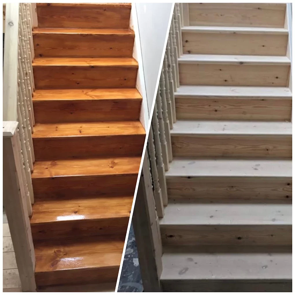 Pine staircase before and after sanding and sealing, showing safer, brighter treads—Before and After Floor Transformations.