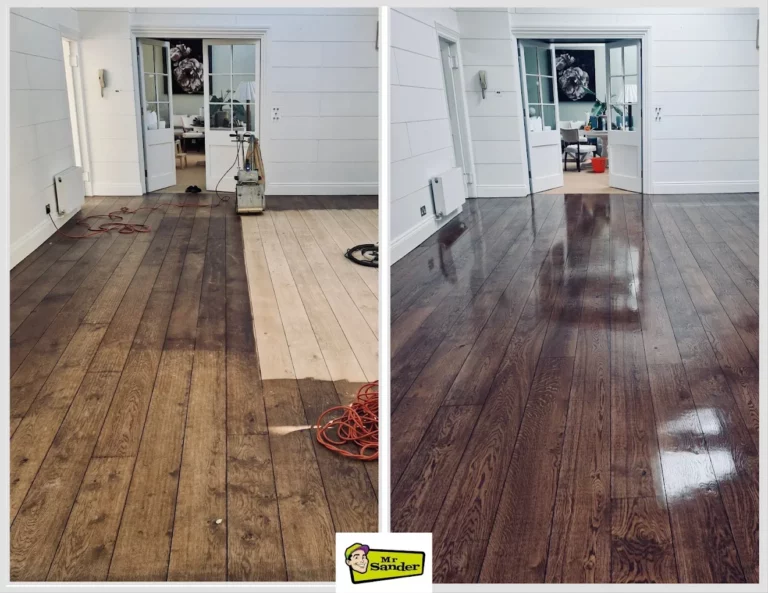 Wide oak plank floor re-stained and lacquered for even mid-brown colour—Before and After Floor Transformations.