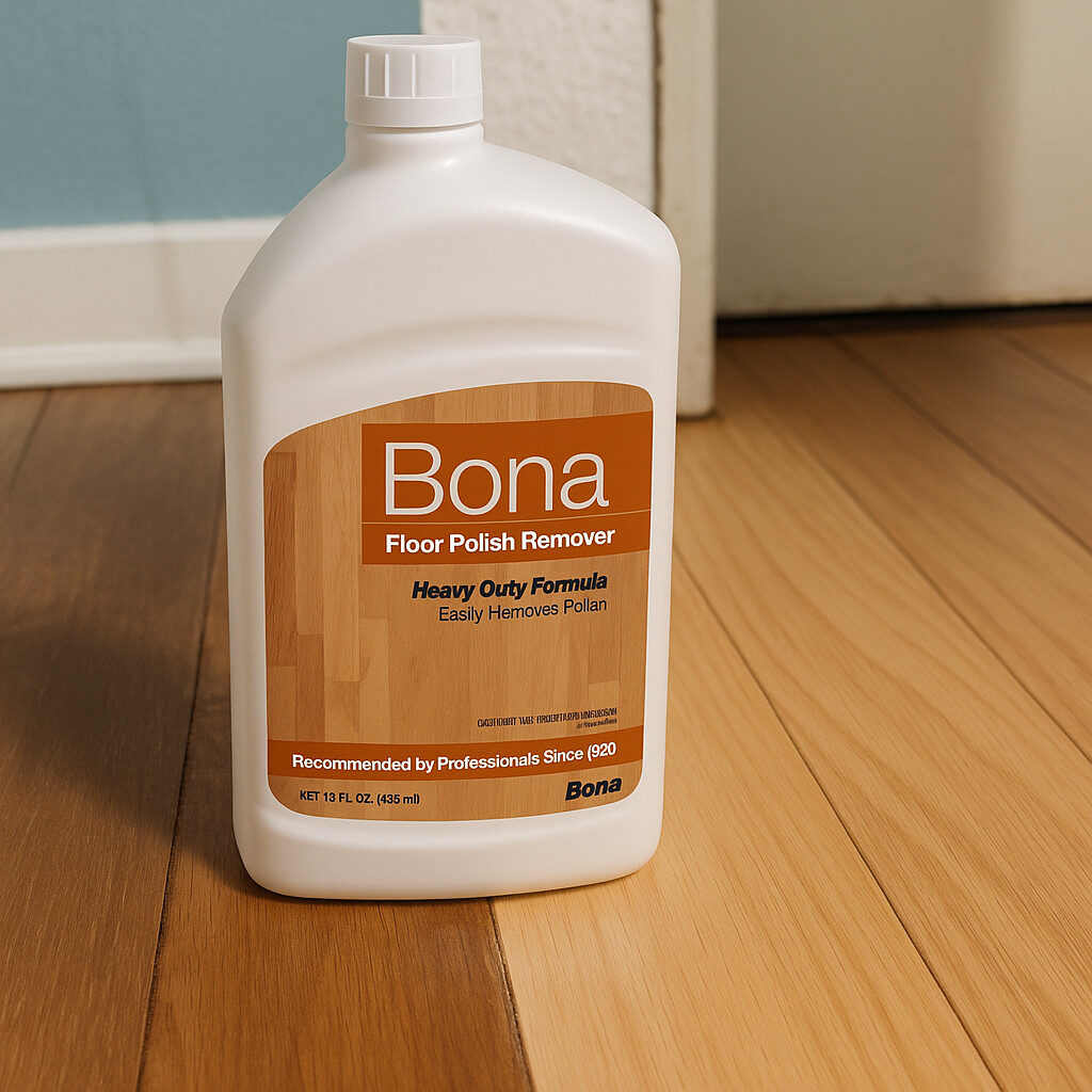 Bottle of Bona Floor Polish Remover standing on a newly sanded light-oak wooden floor.