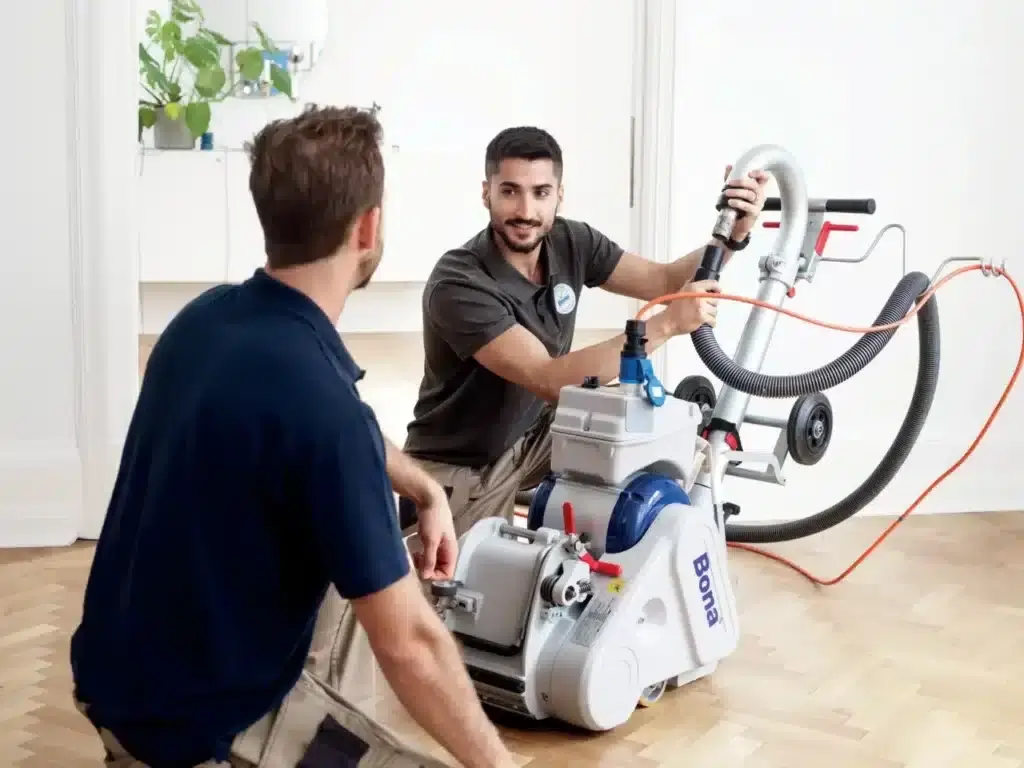 Two professionals from Mr Sander® are discussing the operation of a Bona parquet floor sanding machine. They are focused on ensuring the proper use of advanced equipment for parquet flooring restoration. The image showcases their expertise and commitment to delivering high-quality restoration services.