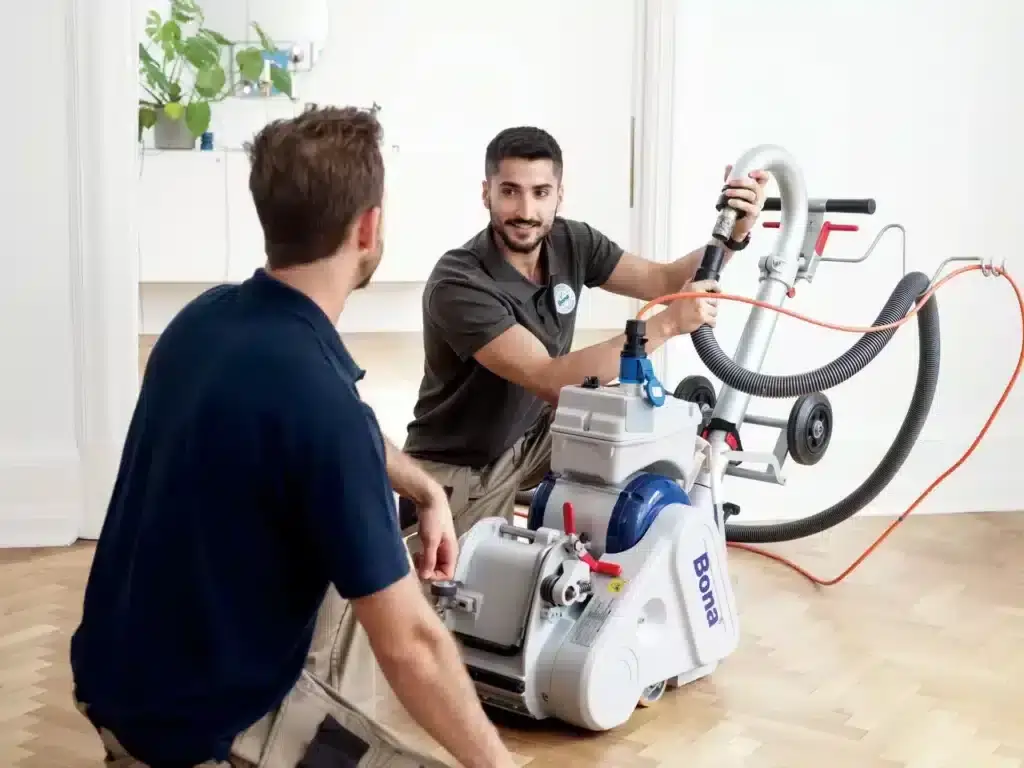A professional from Mr Sander® sanding a floor in a living room in the UK using a Bona Belt UX (AMK173100) belt sander. The machine has a motor power of 2.2 kW, operates at 230 V and 50 Hz, and uses sanding belts sized 200x750 mm with a drum width of 200 mm. The sander weighs 85 kg.