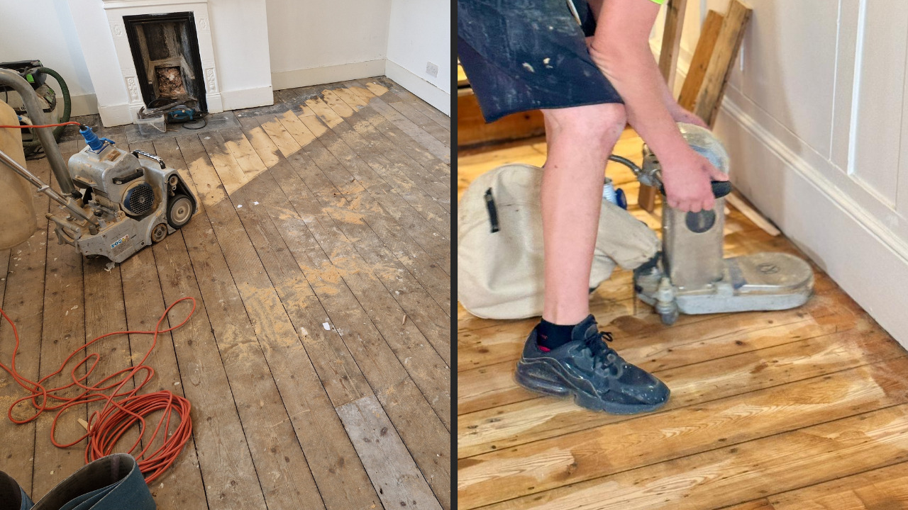 A two-part image showing a drum sander and an edging sander revitalizing old Victorian pine softwood floorboards.