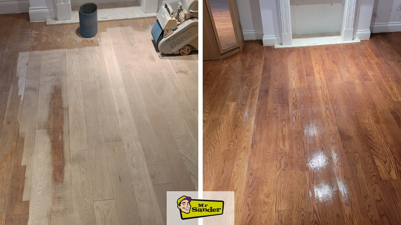 Before and after of a white oak hardwood floor refinishing project, highlighting the transformation from raw sanded wood to a rich, warm polished finish.