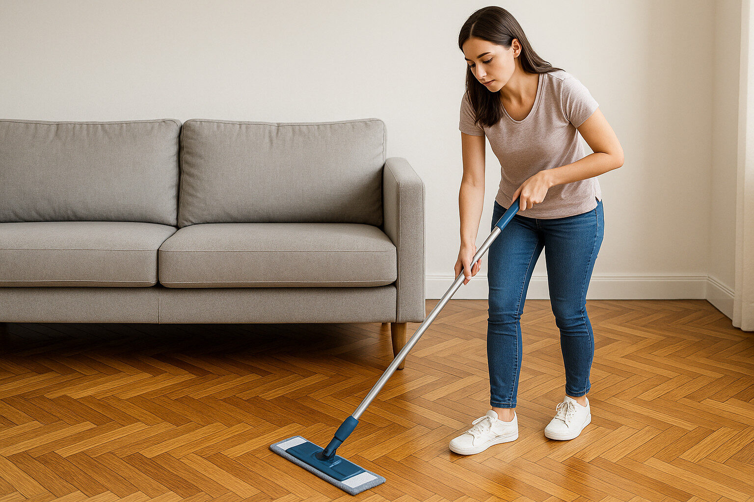 Homeowner gently mopping an oak chevron parquet wood floor, keeping the surface clean and protected after professional Chevron Parquet Sanding.