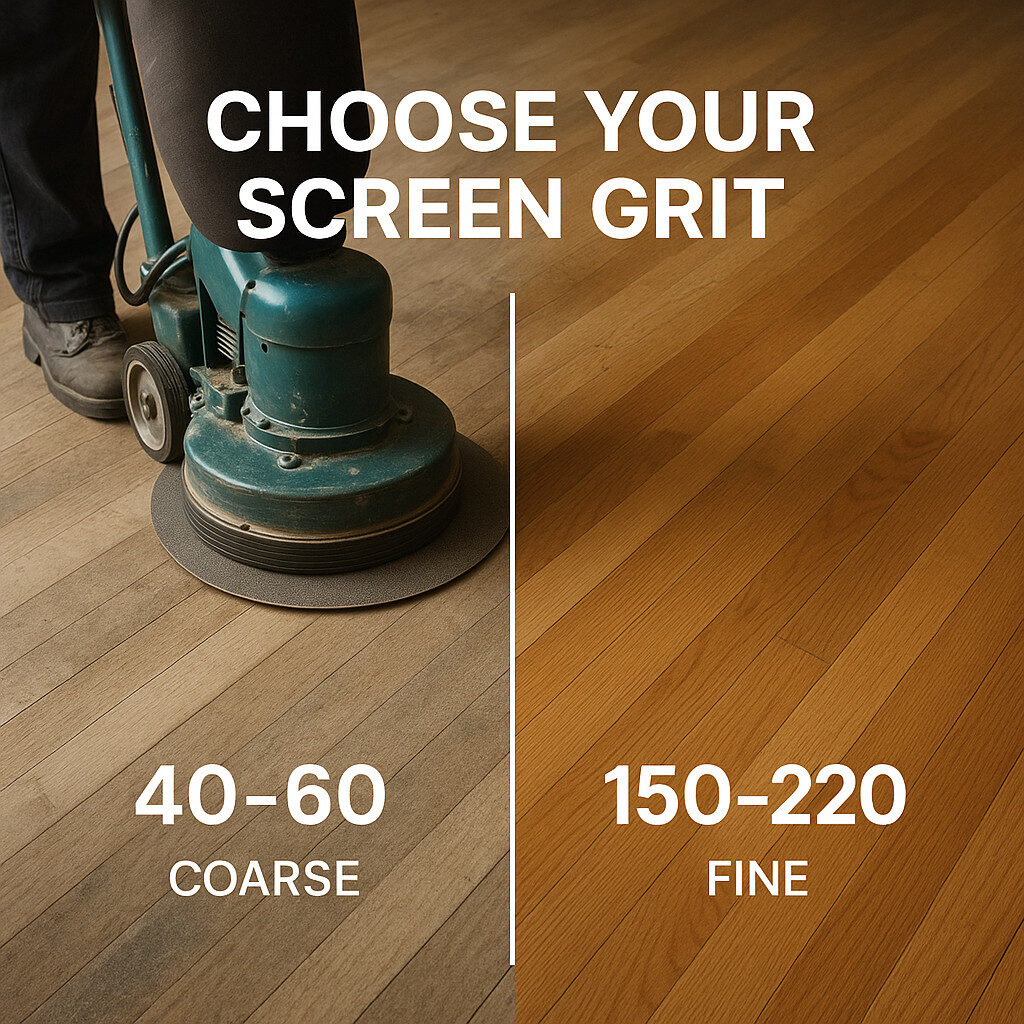 Side-by-side comparison of coarse and fine screen grit results on hardwood flooring, showing a sanding machine in use on the coarse side and a smooth, finished floor on the fine side.