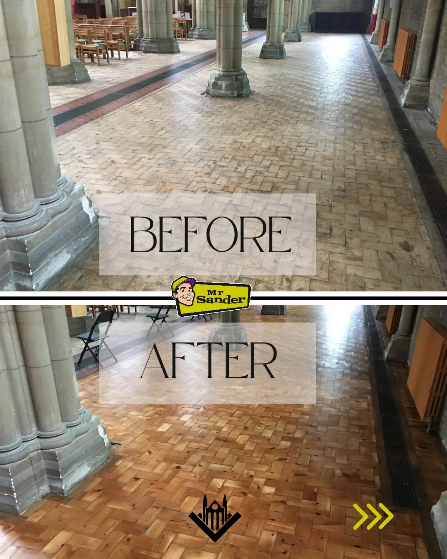 Church floor sanding before and after – parquet block restoration in a historic nave, revealing a warm, even finish.