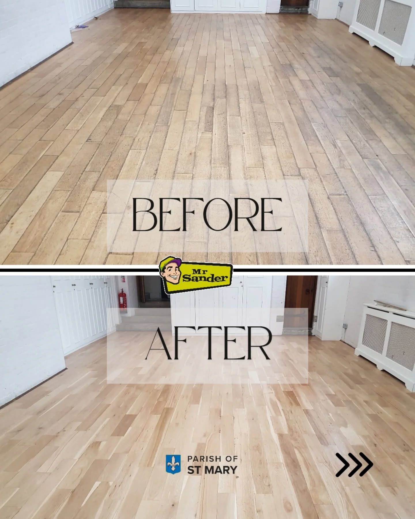 Church hall floor sanding before and after — worn hardwood boards restored to a clean, pale finish (Parish of St Mary).
