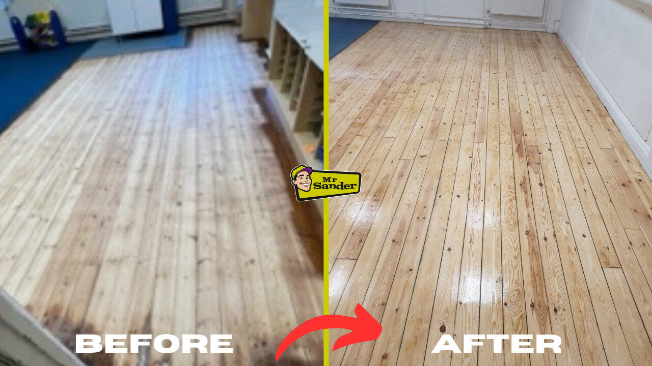 Before and after—primary-school pine strip floor restored to a bright, child-safe finish